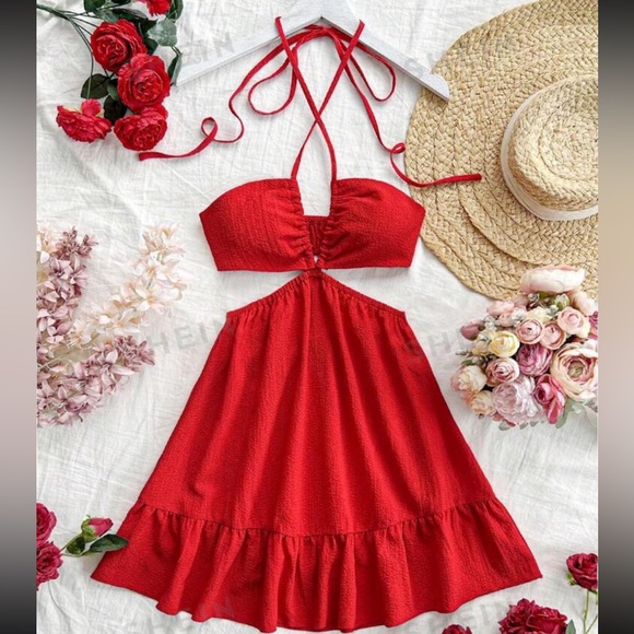 SHEIN Dreamara Red Hollow Out Back Vacation Halter Dress, NEW, Size 8/10 L - Picture 3 of 6